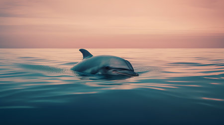 Dolphin swimming in the sea at sunset. Toned image.の素材