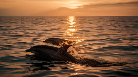 Dolphins jumping out of the water at sunset in the sea.の素材