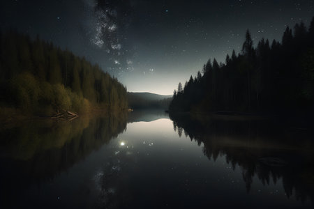 Mountain lake at night with starry sky and reflection in waterの素材