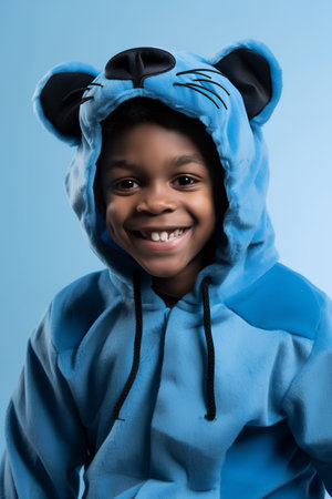 Portrait of a cute african american little boy wearing a blue hoodieの素材
