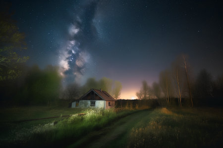 Milky Way over the village at night with a little house.の素材