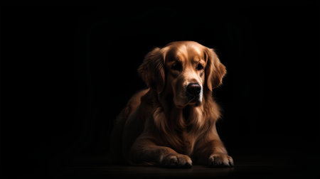 Golden Retriever dog isolated on black background. Studio shot.の素材