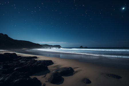 Beautiful night seascape with starry sky and sea wavesの素材