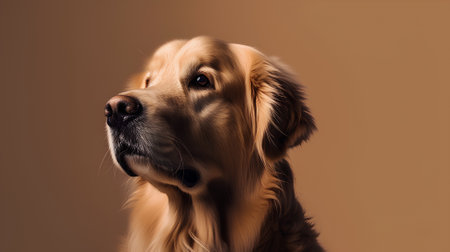 Studio portrait of a golden retriever dog on a brown background.の素材