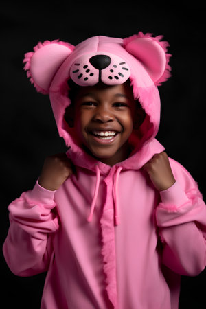 Little african american girl wearing a pink hoodie on a black backgroundの素材