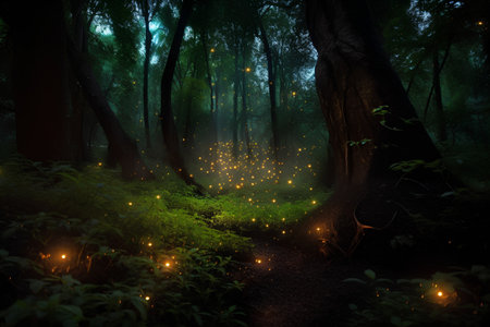 Fantasy forest at night with trees and lights,3d renderの素材