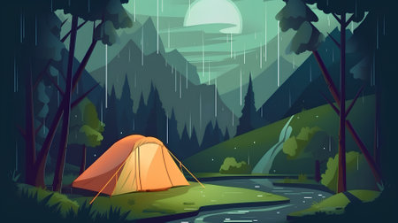 Illustration of a camping in the woods at night with a tentの素材