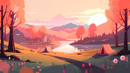 Landscape with lake, forest and mountains at sunset. Vector illustrationの素材