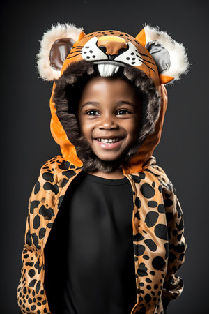 Portrait of a cute little african american boy in tiger costume.の素材