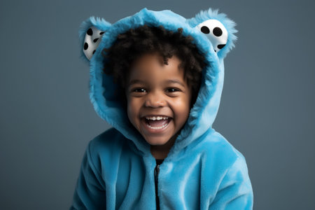 Portrait of a cute african american little boy wearing a blue panda costumeの素材