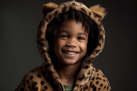 African american little boy wearing a leopard fur coat and smilingの素材