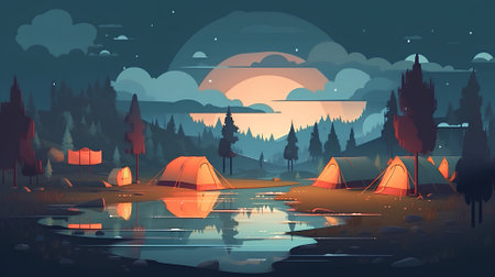 Fantasy landscape with tent and lake at night. Vector illustration.の素材