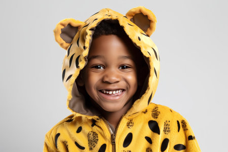 Cheerful little African-American girl in a yellow raincoatの素材