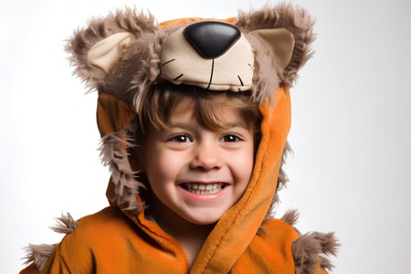 Portrait of a little boy in a fox costume on a white backgroundの素材