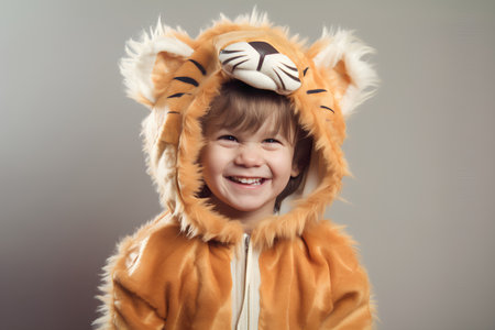 Funny little boy in a fox costume. Portrait. Studio shot.の素材