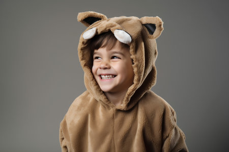 Portrait of a smiling little boy in a bear costume on a gray backgroundの素材