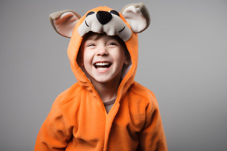 Portrait of a cute little boy in a tiger costume on a gray backgroundの素材