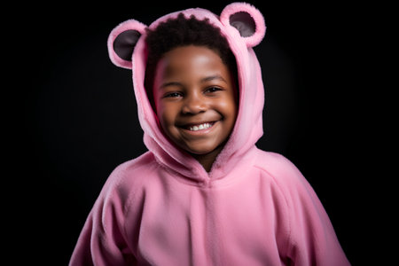 African american little girl in pink hoodie on black background.の素材