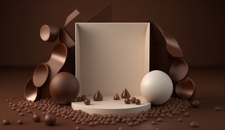 3d abstract composition with geometric shapes, podium and chocolate candiesの素材