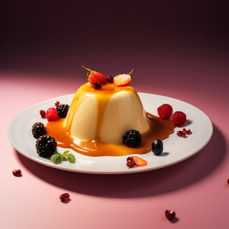 Panna cotta with caramel sauce and berries on a pink backgroundの素材