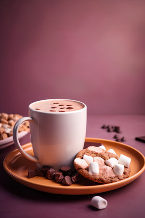 Cup of hot chocolate with marshmallows and cookies on a pink backgroundの素材