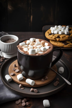 Hot chocolate with marshmallows and cookies on a dark background.の素材