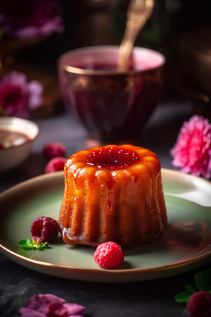 Cake with raspberry jam and cup of tea. Selective focus.の素材