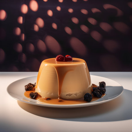 Creamy caramel panna cotta with cherry and raisinsの素材