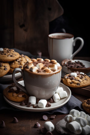Cup of hot chocolate with marshmallows and chocolate cookies on wooden backgroundの素材