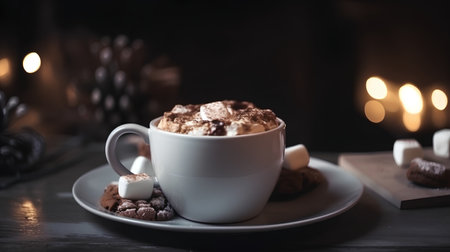 Cup of hot chocolate with marshmallows and cookies on dark backgroundの素材