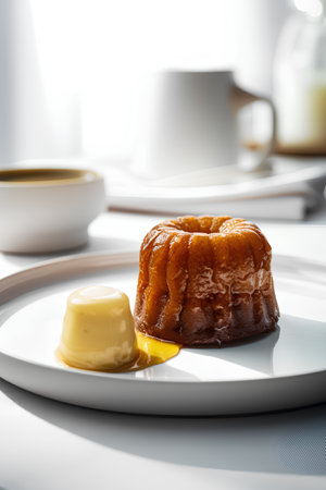 Custard pudding with caramel sauce on a white plate on a white backgroundの素材
