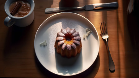 Chocolate bundt cake on a white plate with spoon and forkの素材