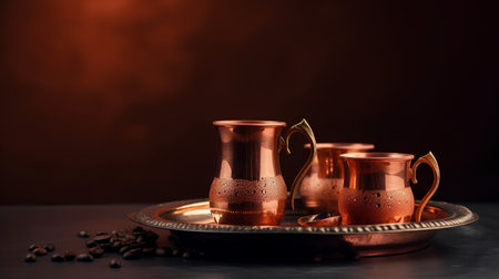 Turkish coffee pot and coffee beans on dark background. Copy space.の素材