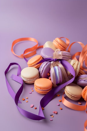 Colorful macaroons with ribbons on purple background, closeupの素材