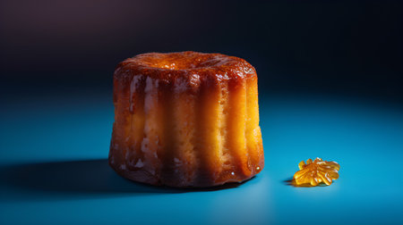 Cake on a blue background with a yellow marmalade.の素材