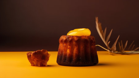 Chocolate muffin with yellow buttercream on a orange background.の素材