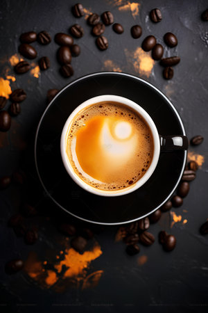Cup of coffee with foam and coffee beans on a black backgroundの素材