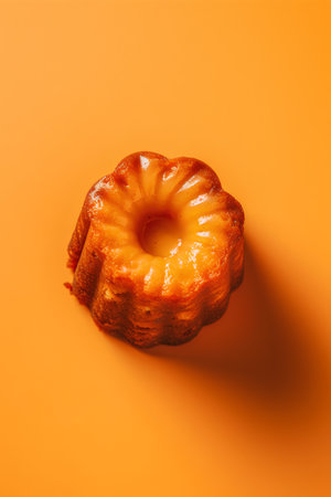 top view of tasty bundt cake on orange background with copy spaceの素材