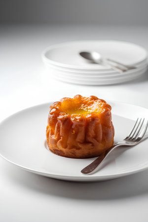 Cake with orange jam on a white plate with fork and spoonの素材