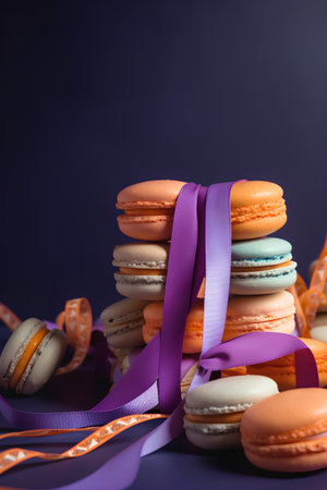 Tasty macaroons with ribbon on color background, closeupの素材