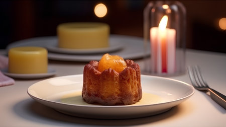 Eclair with apricot on a plate and candles in the backgroundの素材