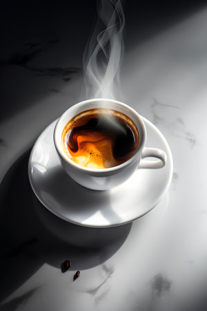 Cup of coffee with smokele background, top view.の素材