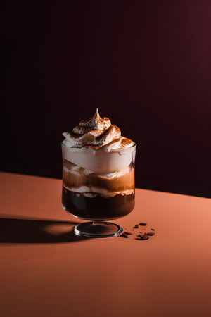 Tiramisu in a glass on a dark background. Copy space.の素材