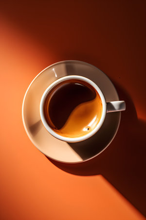 Cup of coffee on orange background. Flat lay, top view.の素材