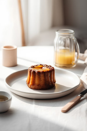 Cake with orange on a plate and a cup of tea.の素材