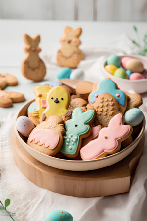 Easter gingerbread cookies in the form of a rabbit, bunny, eggs on a wooden backgroundの素材