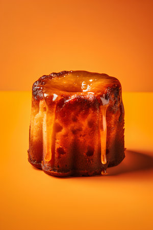 Caramel bundt cake with honey on orange background. Close up.の素材