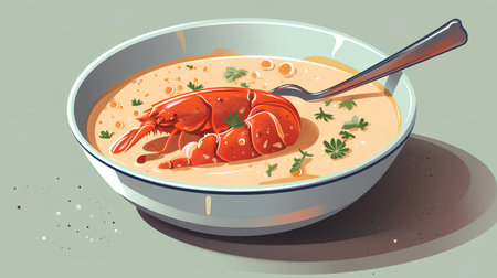 Lobster soup in a bowl. Vector illustration in cartoon style.の素材