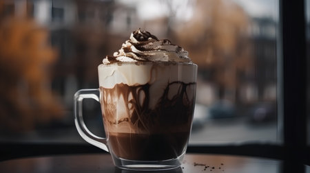 Hot chocolate with whipped cream in a glass cup on the windowsillの素材