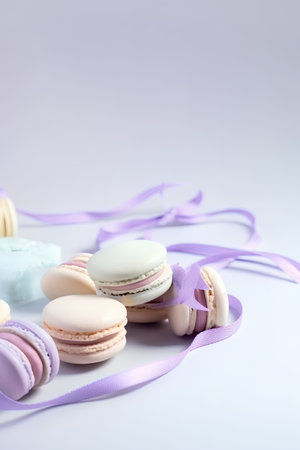 Colorful macaroons with purple ribbon on a white background.の素材